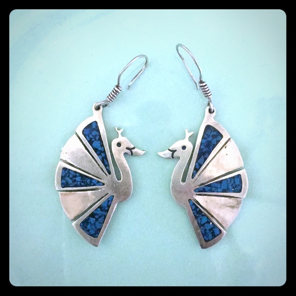 GORGEOUS Vintage Turquoise/silver peacock earrings - Picture 1 of 4